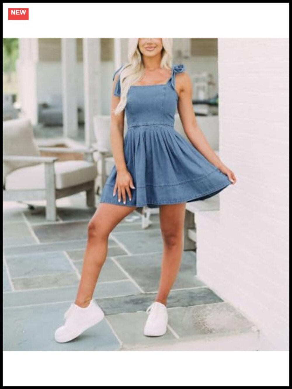 Tie Shoulder Sleeveless Denim Mini Dress Casual Flowy Swing Pleated - Picture 3 of 4